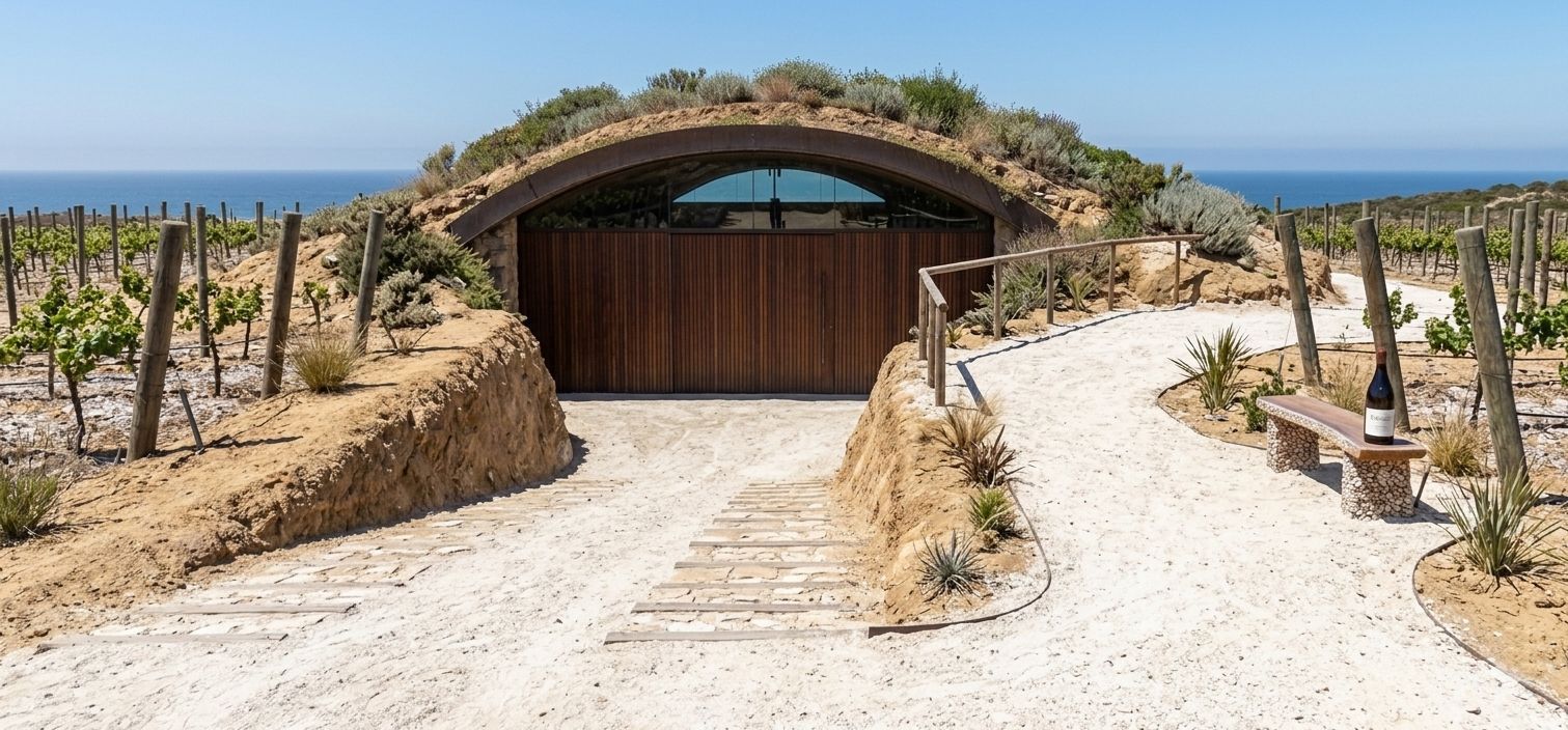Bodega Puerto Campo, bodega subterránea en San Antonio Este, Río Negro — foto 3 de 5. Proyecto del Arq. Germán Vazquez